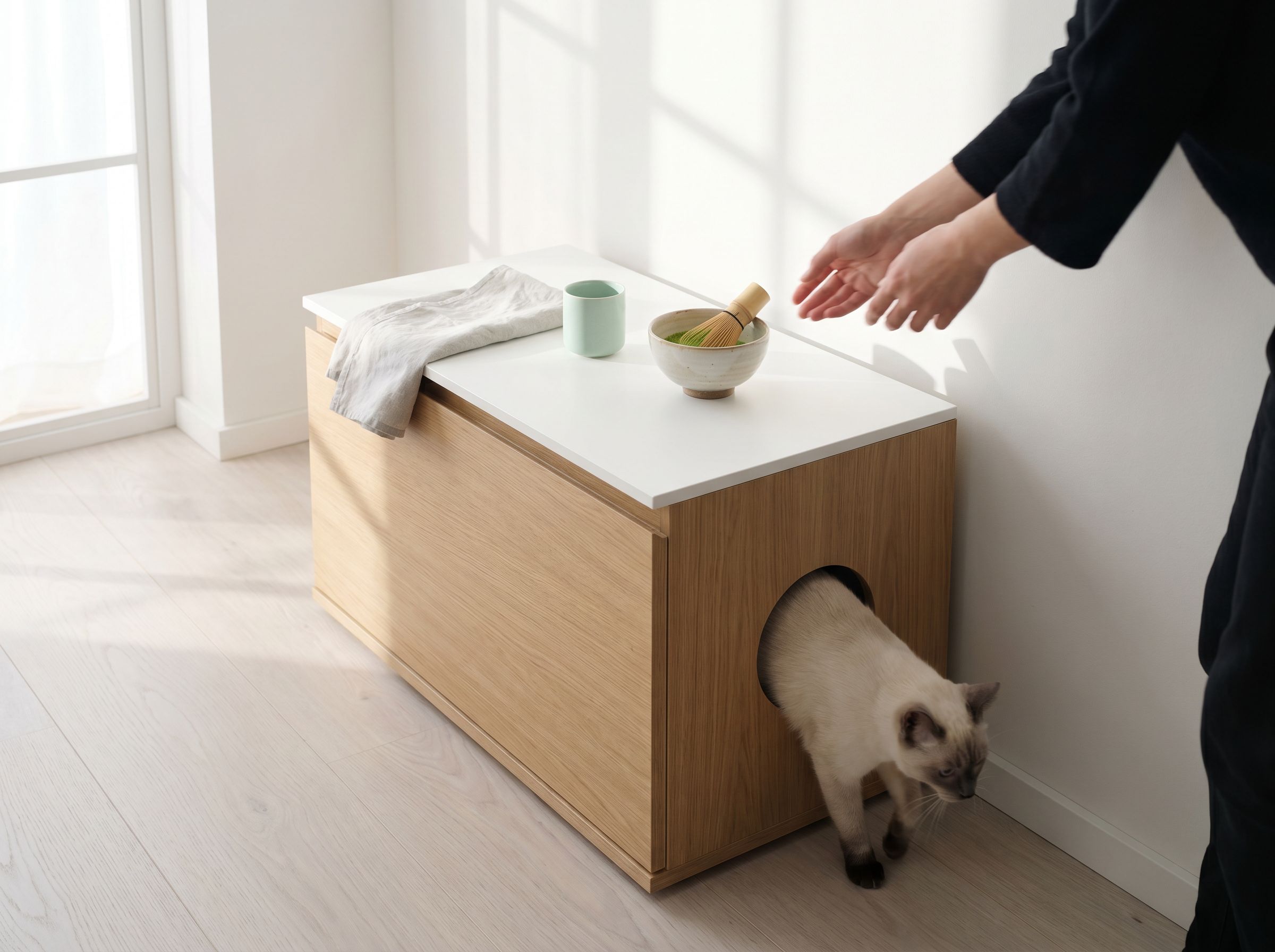 Cabinet en blanc laqué posé dans une chambre épurée
